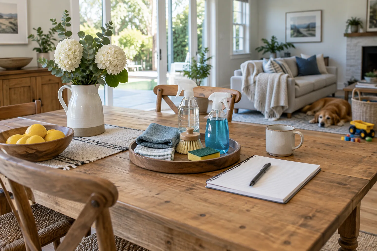 Cleaning supplies in a bright family dining area