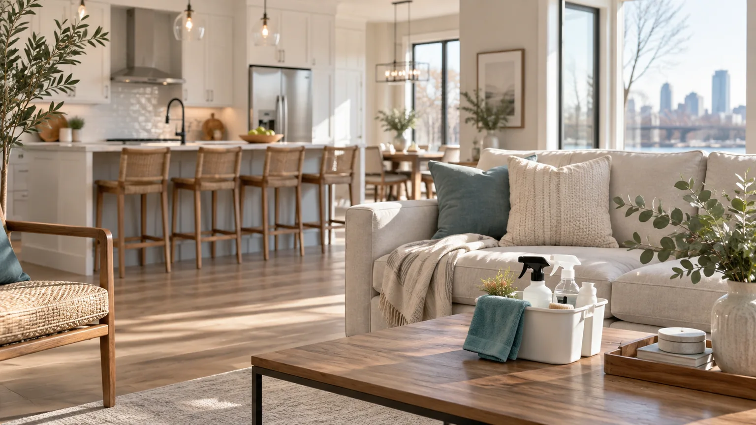 Fresh, sunlit living room and kitchen after a home cleaning visit